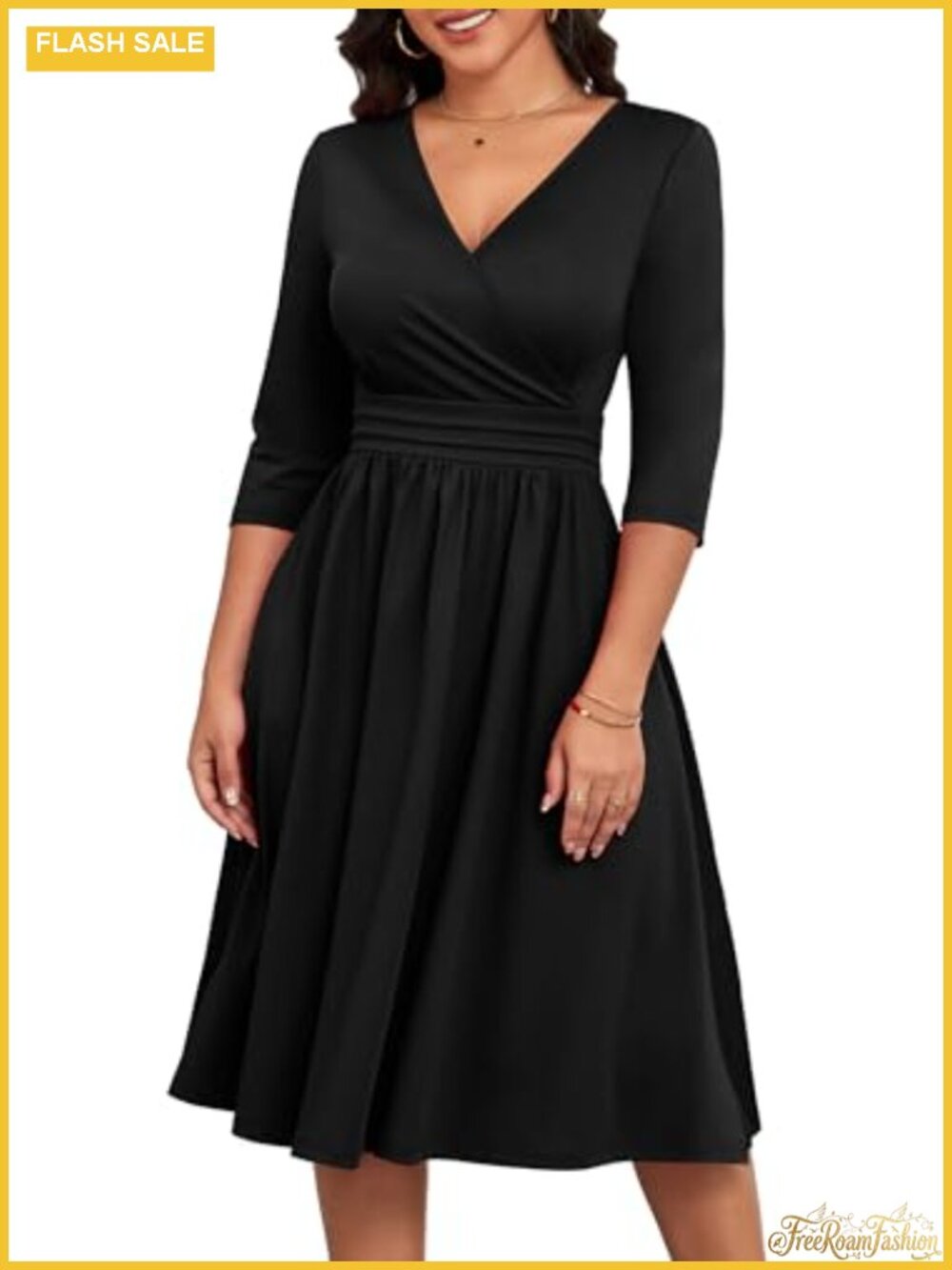 Women's A-Line Flared Midi Dress V-Neck 3/4 Sleeve with Pockets